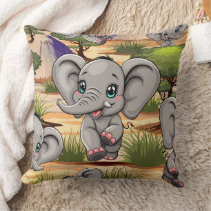 Elephant Baby Jumping Happy in African Savannah Cushion