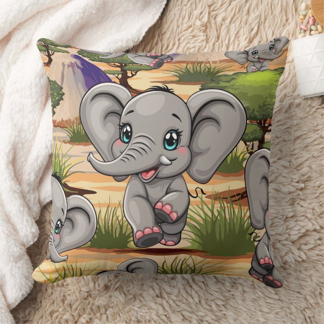 Elephant Baby Jumping Happy in African Savannah Cushion (Blanket)
