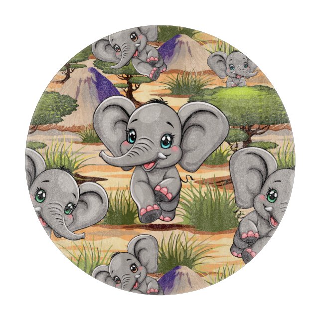 Elephant Baby Jumping Happy in African Savannah Cutting Board (Front)