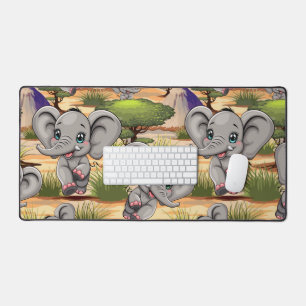 Elephant Baby Jumping Happy in African Savannah Desk Mat
