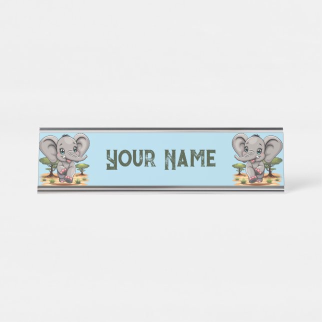 Elephant Baby Jumping Happy in African Savannah Desk Name Plate (Front)