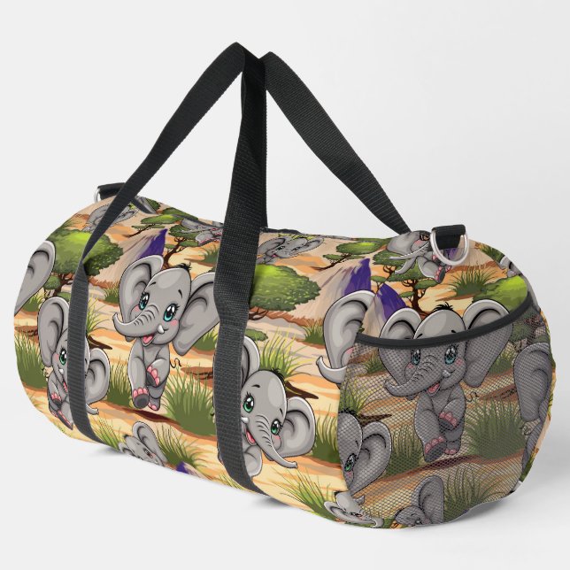 Elephant Baby Jumping Happy in African Savannah Duffle Bag (Right Corner)