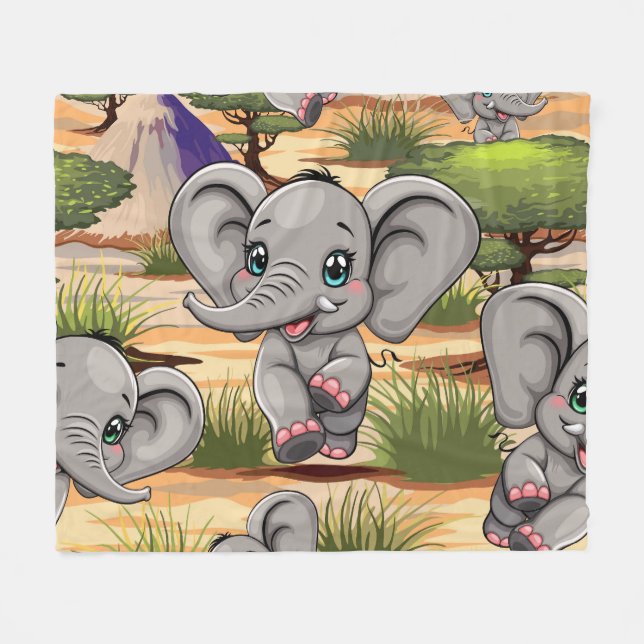 Elephant Baby Jumping Happy in African Savannah Fleece Blanket (Front (Horizontal))