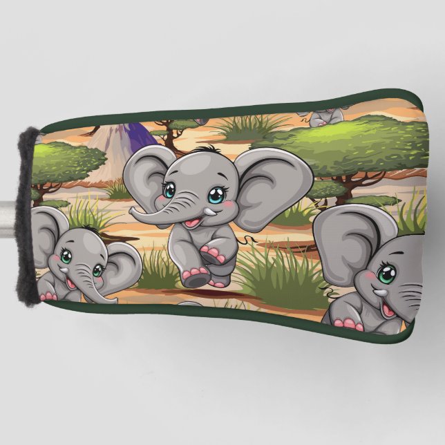 Elephant Baby Jumping Happy in African Savannah Golf Head Cover (Front)