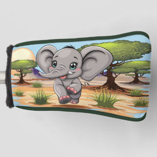 Elephant Baby Jumping Happy in African Savannah Golf Head Cover