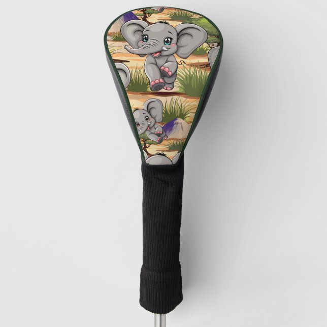 Elephant Baby Jumping Happy in African Savannah Golf Head Cover (Front)