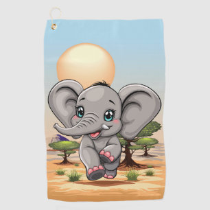 Elephant Baby Jumping Happy in African Savannah Golf Towel