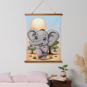 Elephant Baby Jumping Happy in African Savannah Hanging Tapestry