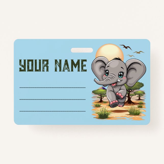 Elephant Baby Jumping Happy in African Savannah ID Badge (Front)