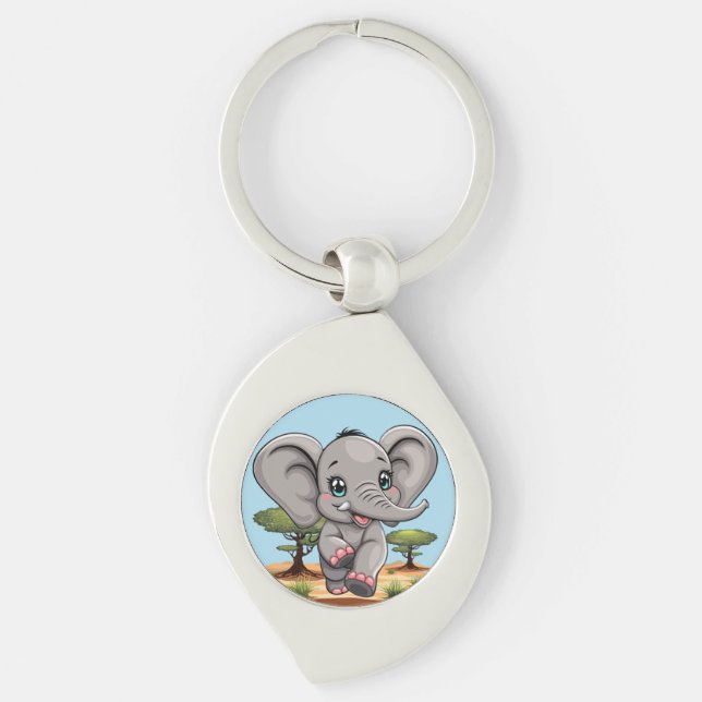 Elephant Baby Jumping Happy in African Savannah Key Ring (Front)