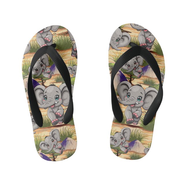 Elephant Baby Jumping Happy in African Savannah Kid's Flip Flops (Footbed)