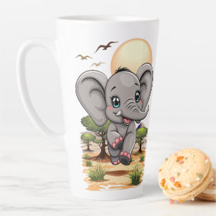 Elephant Baby Jumping Happy in African Savannah Latte Mug