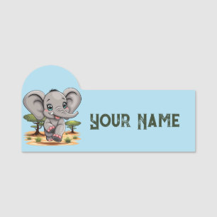 Elephant Baby Jumping Happy in African Savannah Name Tag