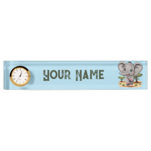 Elephant Baby Jumping Happy in African Savannah Nameplate