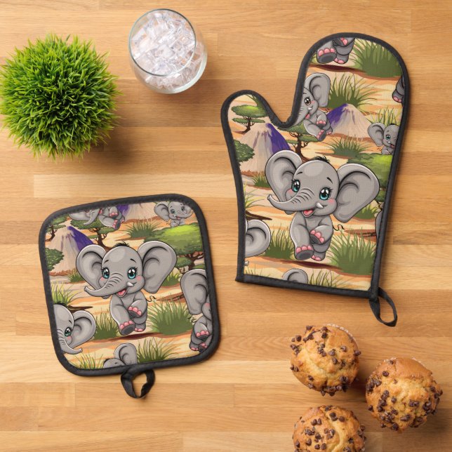 Elephant Baby Jumping Happy in African Savannah Oven Mitt & Pot Holder Set (Top Down)