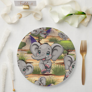 Elephant Baby Jumping Happy in African Savannah Paper Plate