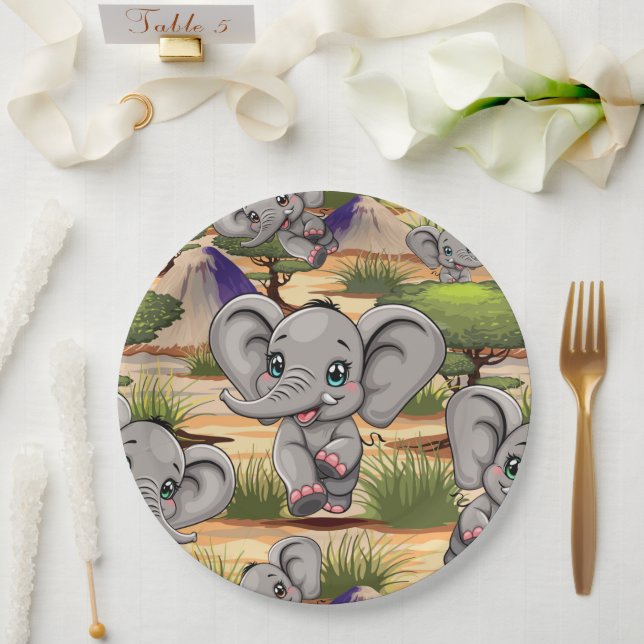 Elephant Baby Jumping Happy in African Savannah Paper Plate (Wedding)