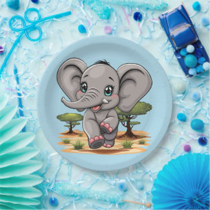 Elephant Baby Jumping Happy in African Savannah Paper Plate