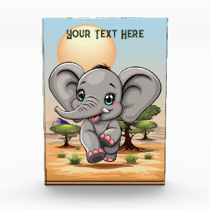 Elephant Baby Jumping Happy in African Savannah Photo Block