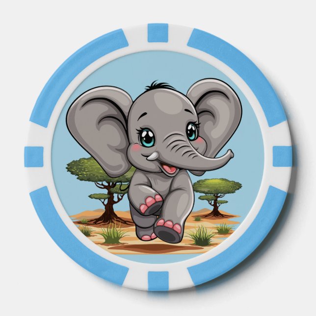 Elephant Baby Jumping Happy in African Savannah Poker Chips (Front)