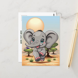 Elephant Baby Jumping Happy in African Savannah Postcard