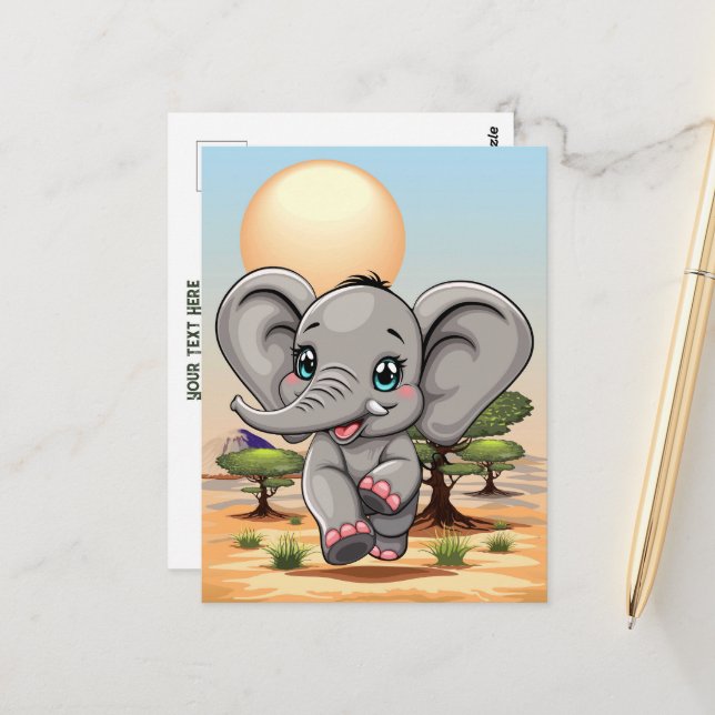 Elephant Baby Jumping Happy in African Savannah Postcard (Front/Back In Situ)