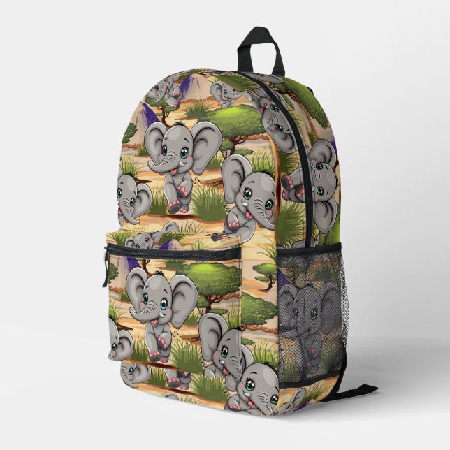 Elephant Baby Jumping Happy in African Savannah Printed Backpack (Back Corner Right)