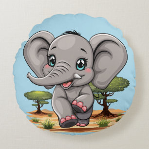 Elephant Baby Jumping Happy in African Savannah Round Cushion