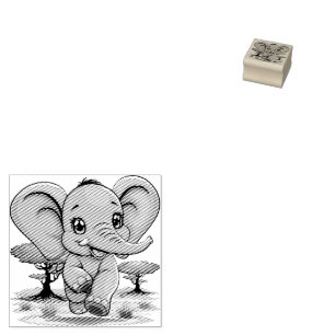 Elephant Baby Jumping Happy in African Savannah Rubber Stamp
