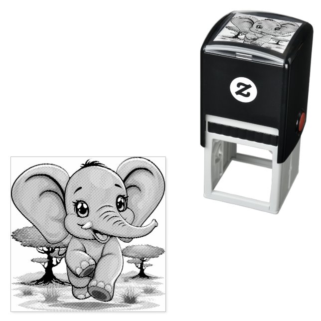 Elephant Baby Jumping Happy in African Savannah Self-inking Stamp (In Situ)
