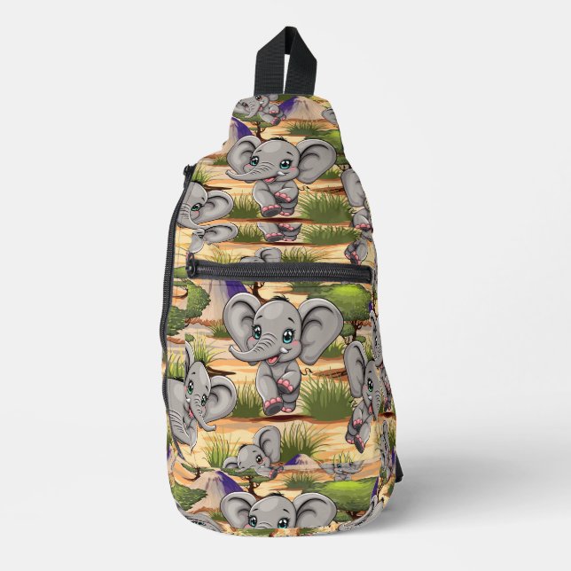 Elephant Baby Jumping Happy in African Savannah Sling Bag (Front)