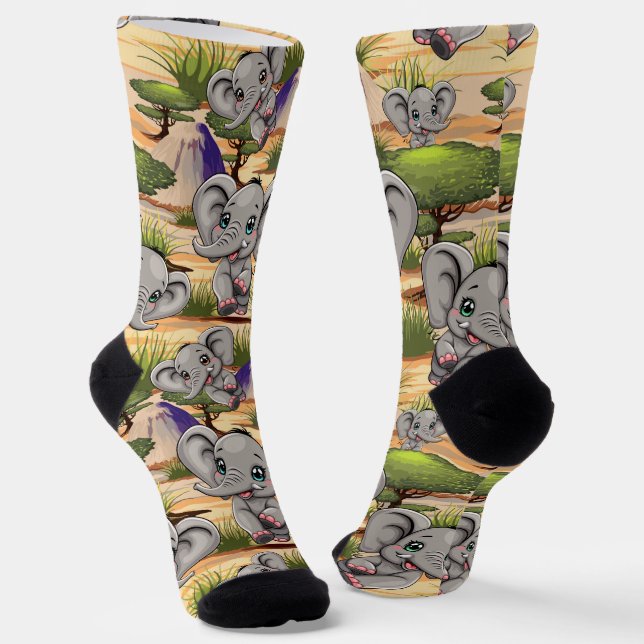 Elephant Baby Jumping Happy in African Savannah Socks (Angled)