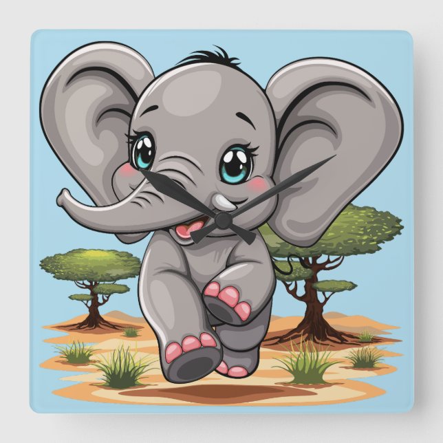 Elephant Baby Jumping Happy in African Savannah Square Wall Clock (Front)