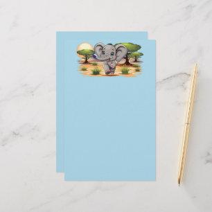 Elephant Baby Jumping Happy in African Savannah Stationery