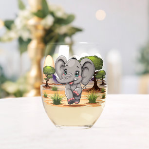 Elephant Baby Jumping Happy in African Savannah Stemless Wine Glass