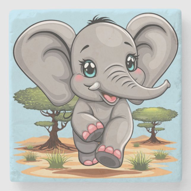 Elephant Baby Jumping Happy in African Savannah Stone Coaster (Front)