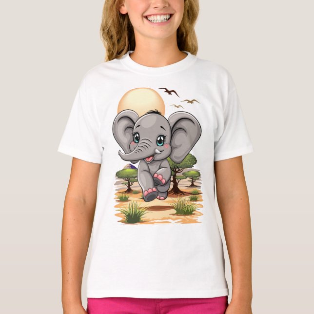 Elephant Baby Jumping Happy in African Savannah T-Shirt (Front)