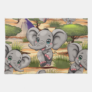 Elephant Baby Jumping Happy in African Savannah Tea Towel