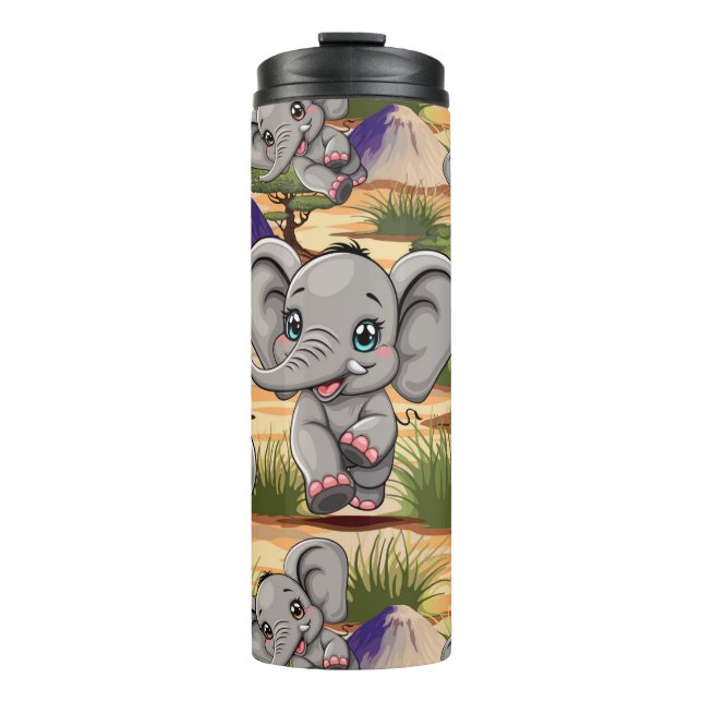 Elephant Baby Jumping Happy in African Savannah Thermal Tumbler (Front)