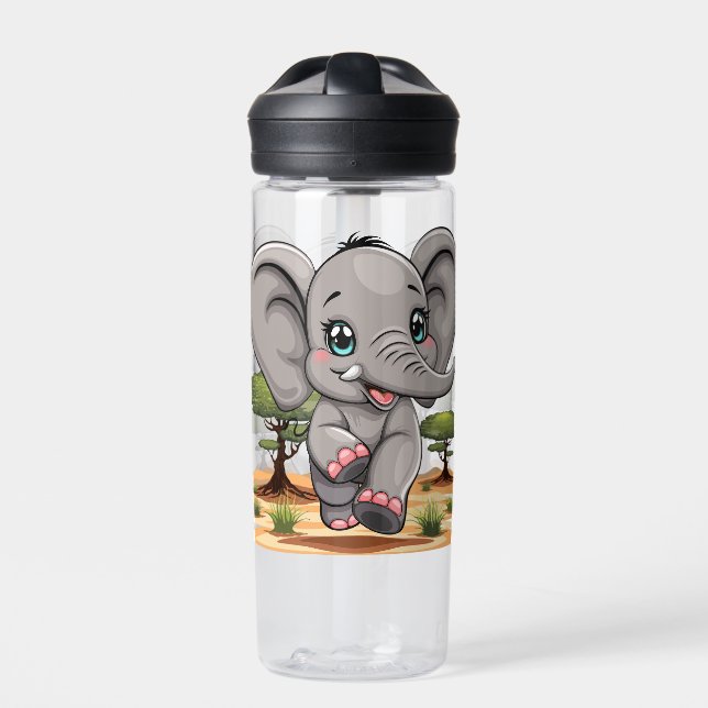 Elephant Baby Jumping Happy in African Savannah Water Bottle (Front)