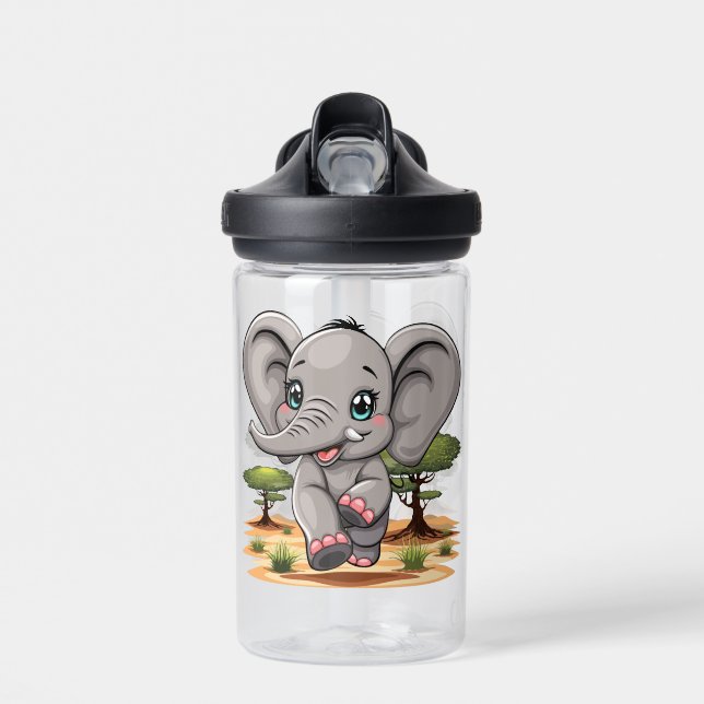 Elephant Baby Jumping Happy in African Savannah Water Bottle (Front)