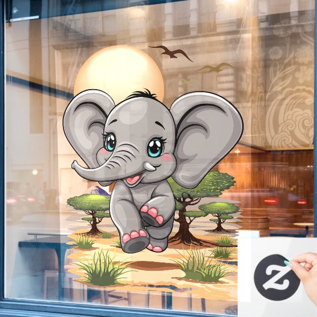Elephant Baby Jumping Happy in African Savannah Window Cling (Cafe Window)