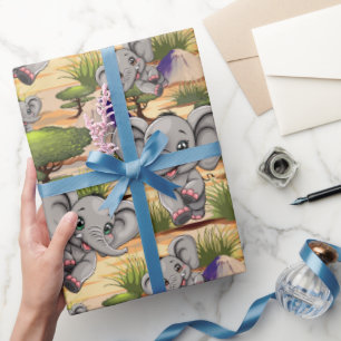Elephant Baby Jumping Happy in African Savannah Wrapping Paper