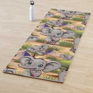 Elephant Baby Jumping Happy in African Savannah Yoga Mat