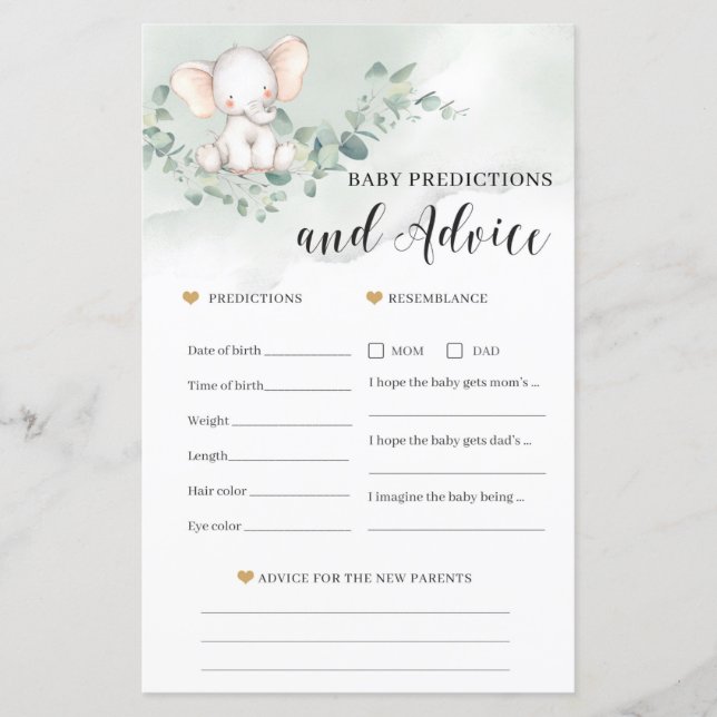 Elephant baby predictions and advice game card (Front)