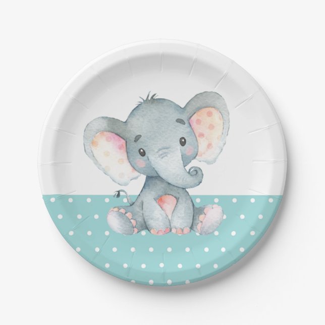 Elephant Baby Shower Aqua Teal Turquoise Paper Plate (Front)