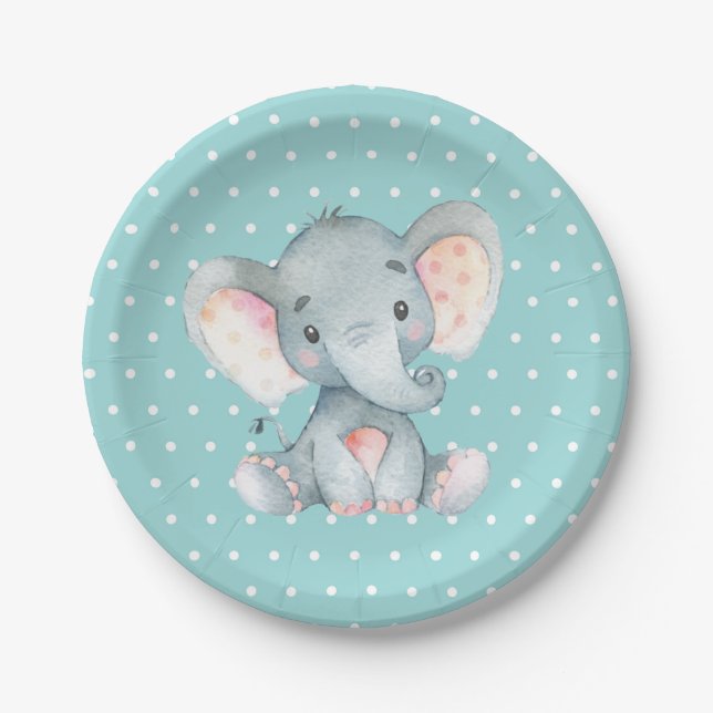 Elephant Baby Shower Aqua Teal Turquoise Paper Plate (Front)
