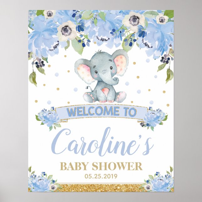 Elephant Baby Shower Baby Boy Welcome Sign Poster (Front)