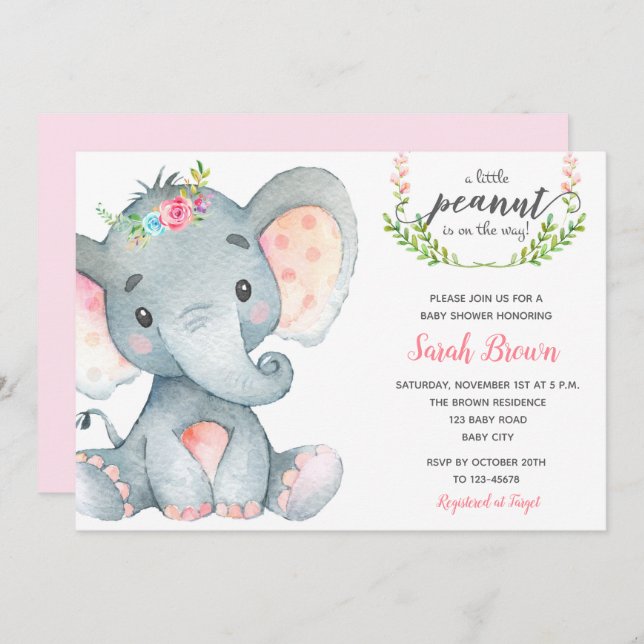 Elephant baby shower baby girl shower invitations (Front/Back)