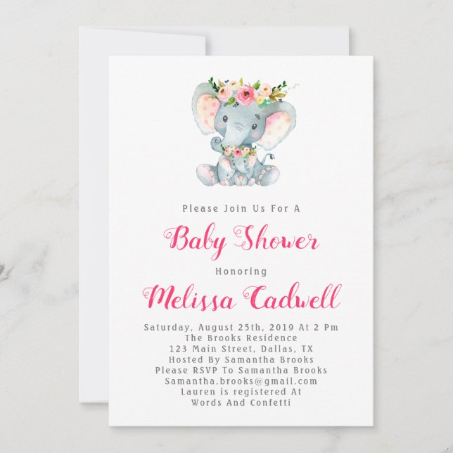 Elephant Baby Shower Baby Girl Shower Invitations (Front)
